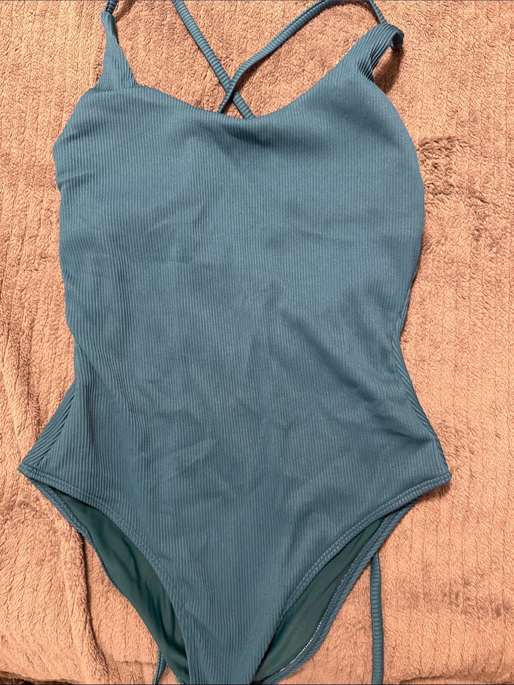 Zaful Teal Ribbed Cross-Back One-Piece Swimsuit